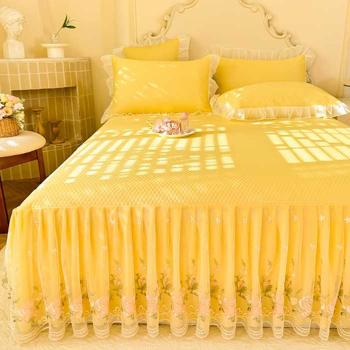 91家纺网 家纺一手货源 找家纺 后庭寝室 2026新款豆豆凉席夏被空调被四件套 完美恋人-嫩黄