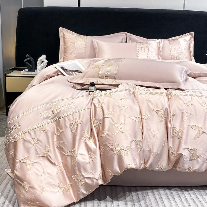 91家纺网 家纺一手货源 找家纺 子曰 2026新款浮雕水洗真丝四件套 醉蝴蝶-粉