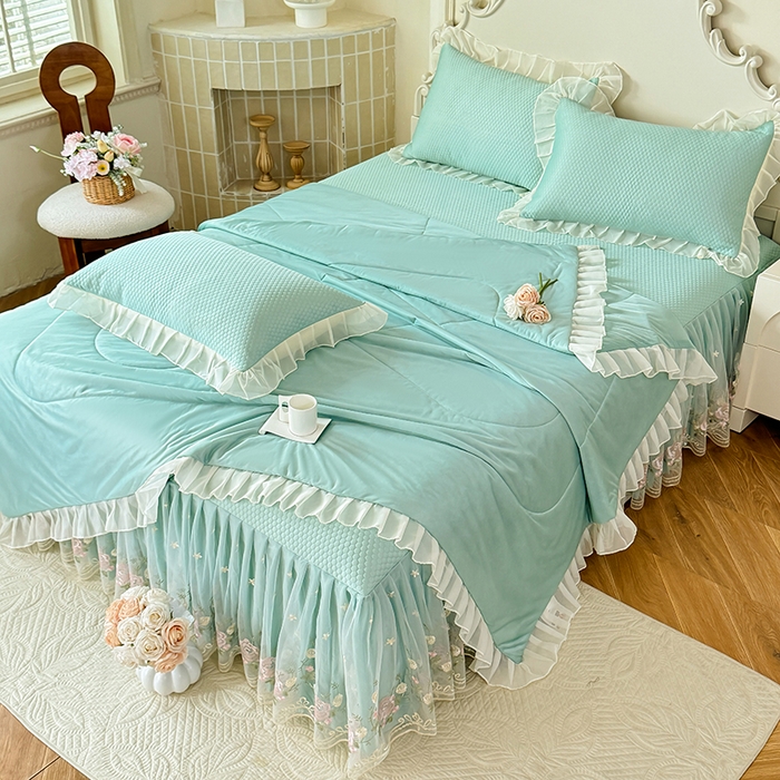 91家纺网 家纺一手货源 找家纺 后庭寝室 2026新款豆豆凉席夏被空调被四件套 完美恋人-浅蓝