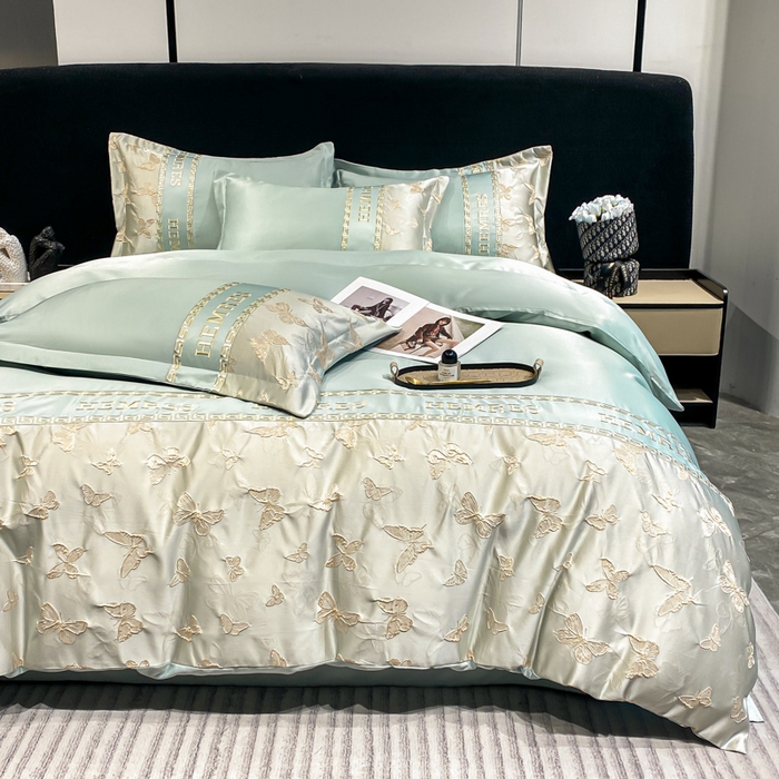 91家纺网 家纺一手货源 找家纺 子曰 2026新款浮雕水洗真丝四件套 醉蝴蝶-绿