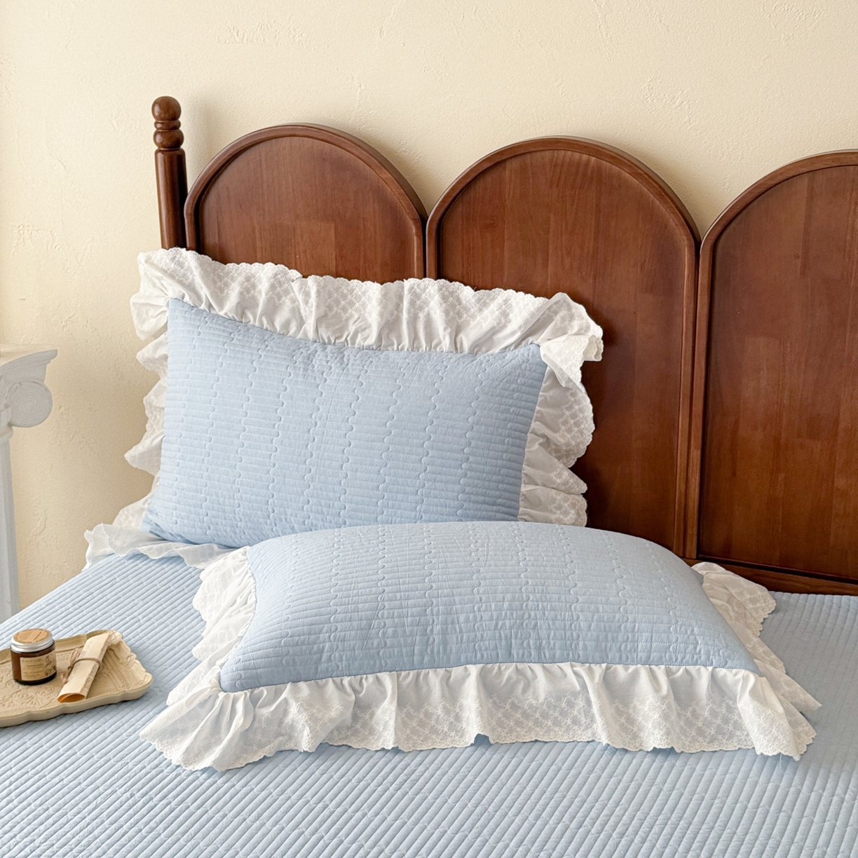 91家纺网 家纺一手货源 找家纺 沐辰 2026新款A类色织水洗棉花边款床盖 小泡芙-兰