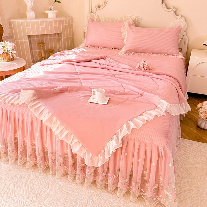 91家纺网 家纺一手货源 找家纺 后庭寝室 2026新款豆豆凉席夏被空调被四件套 完美恋人-粉色