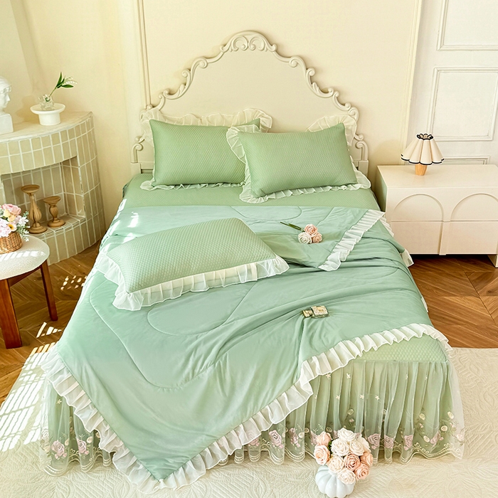 91家纺网 家纺一手货源 找家纺 后庭寝室 2026新款豆豆凉席夏被空调被四件套 完美恋人-嫩绿