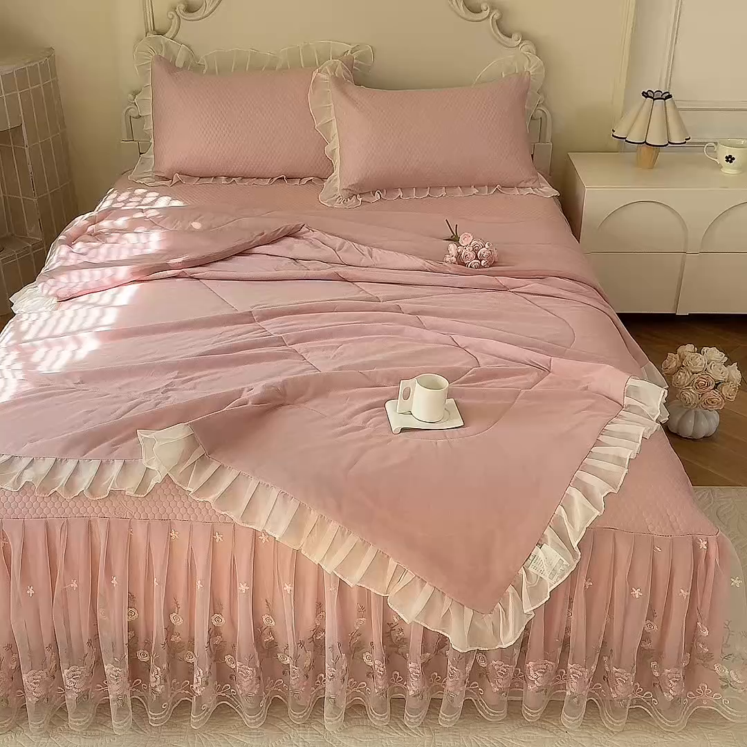 91家纺网 家纺一手货源 找家纺 后庭寝室 2026新款豆豆凉席夏被空调被四件套 完美恋人-粉色