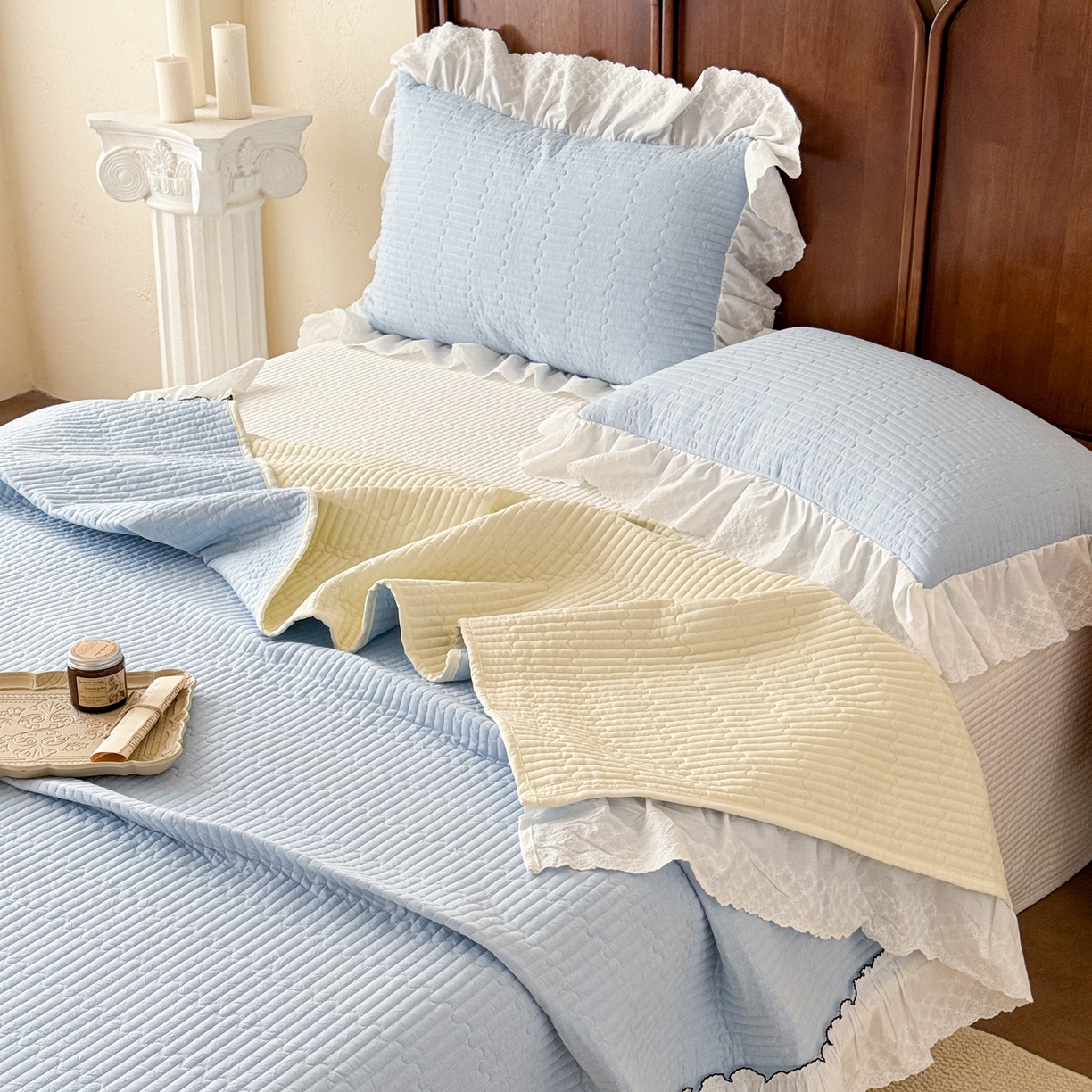 91家纺网 家纺一手货源 找家纺 沐辰 2026新款A类色织水洗棉花边款床盖 小泡芙-兰