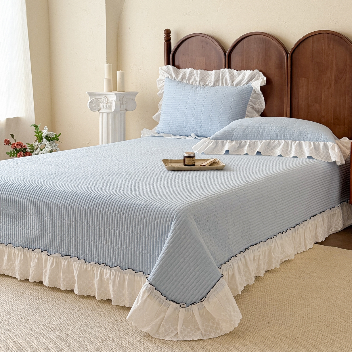 91家纺网 家纺一手货源 找家纺 沐辰 2026新款A类色织水洗棉花边款床盖 小泡芙-兰