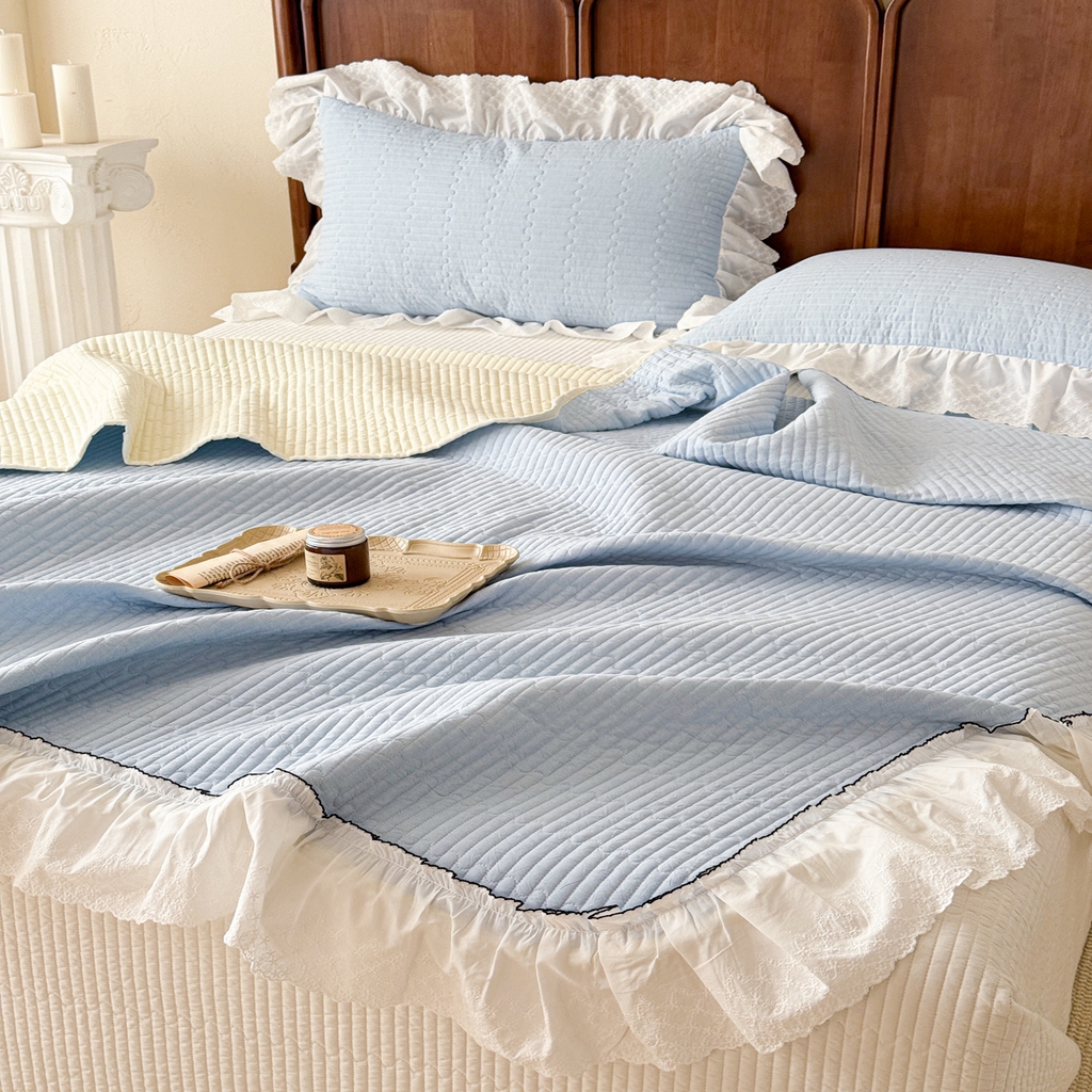 91家纺网 家纺一手货源 找家纺 沐辰 2026新款A类色织水洗棉花边款床盖 小泡芙-兰