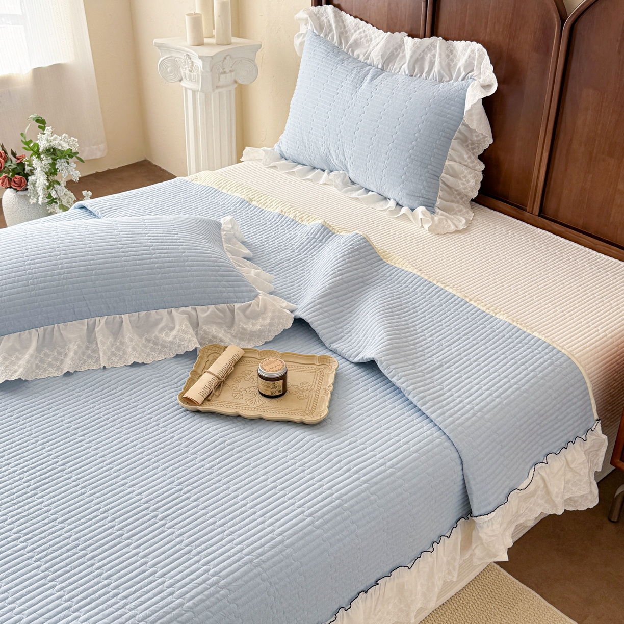 91家纺网 家纺一手货源 找家纺 沐辰 2026新款A类色织水洗棉花边款床盖 小泡芙-兰