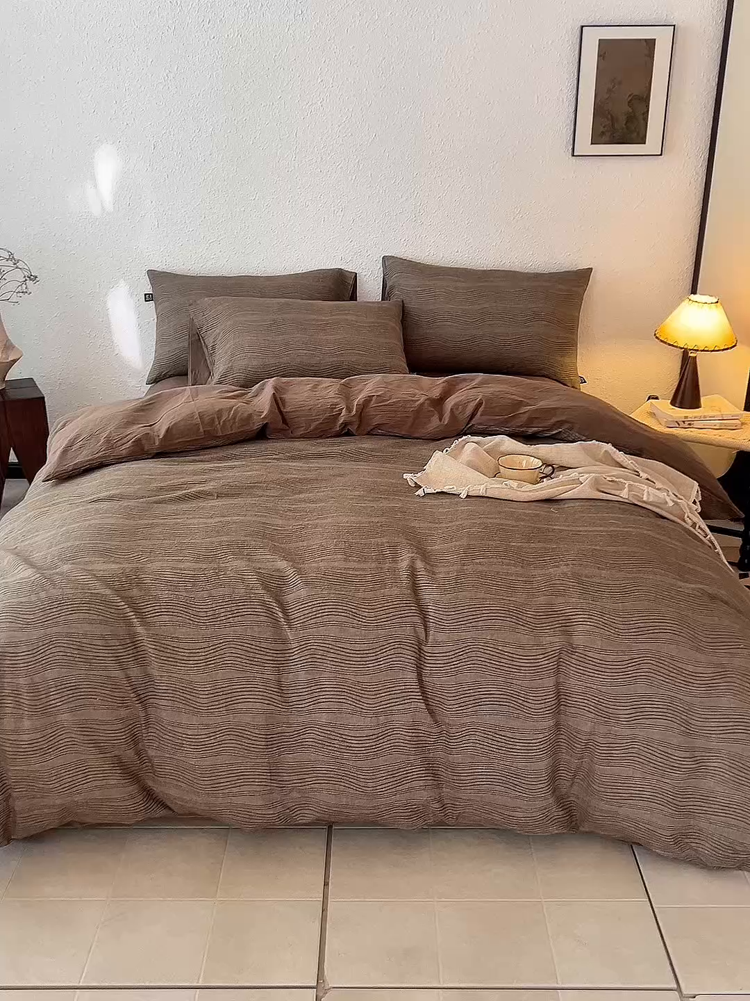 91家纺网 家纺一手货源 找家纺 恋人优选 2026新款大波浪全棉纯棉提花四件套 大波浪咖