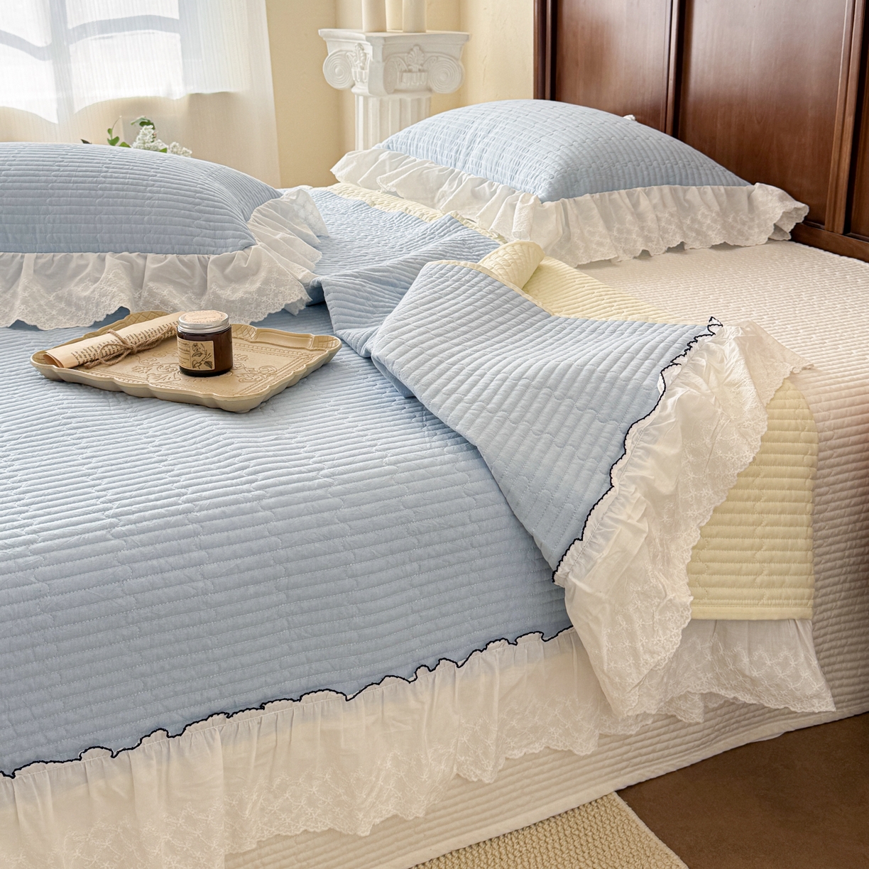 91家纺网 家纺一手货源 找家纺 沐辰 2026新款A类色织水洗棉花边款床盖 小泡芙-兰