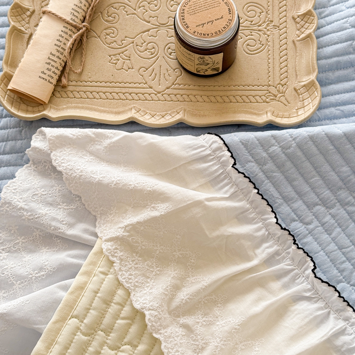 91家纺网 家纺一手货源 找家纺 沐辰 2026新款A类色织水洗棉花边款床盖 小泡芙-兰