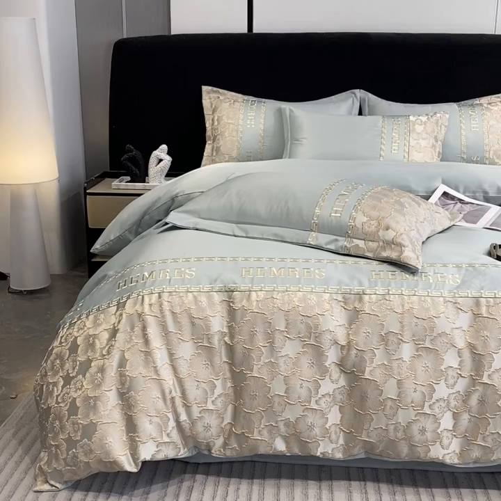 91家纺网 家纺一手货源 找家纺 子曰 2026新款浮雕水洗真丝四件套 花开朵朵-绿