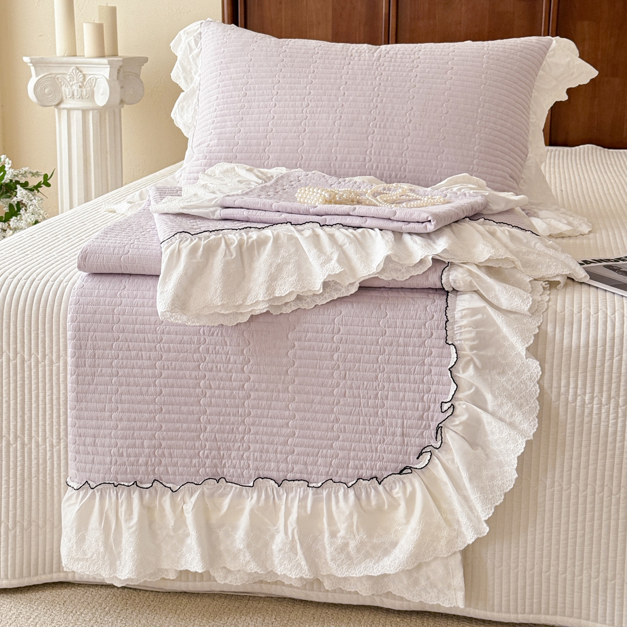 沐辰 2026新款A类色织水洗棉花边款床盖 小泡芙-紫