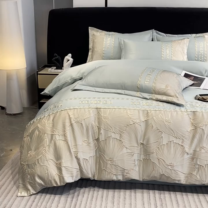 91家纺网 家纺一手货源 找家纺 子曰 2026新款浮雕水洗真丝四件套 花语-绿