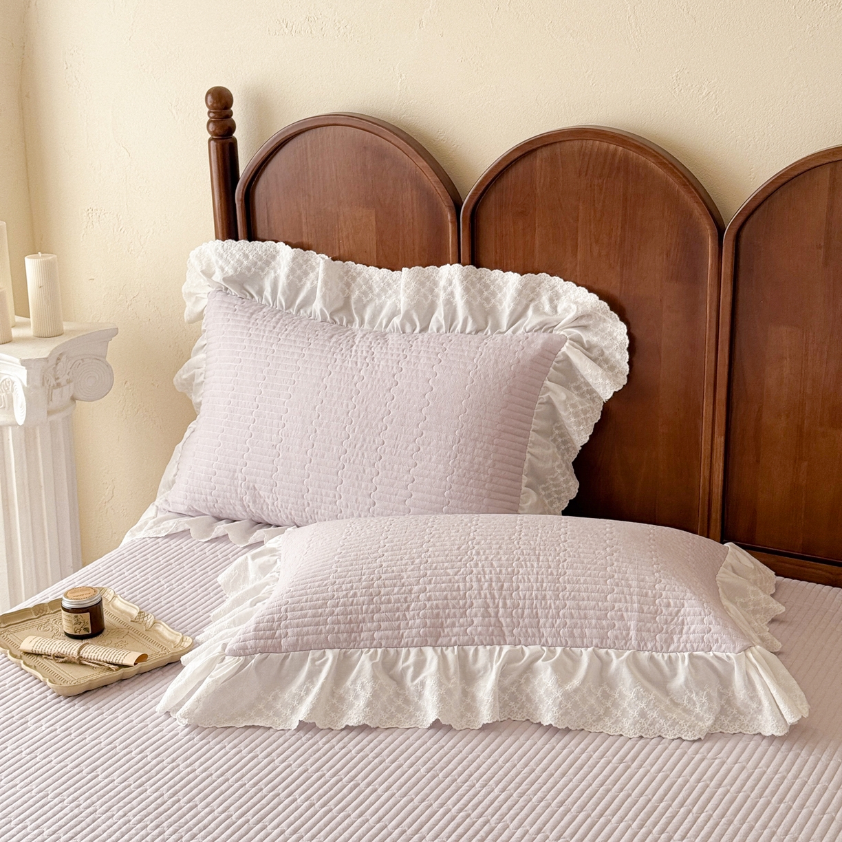 91家纺网 家纺一手货源 找家纺 沐辰 2026新款A类色织水洗棉花边款床盖 小泡芙-紫