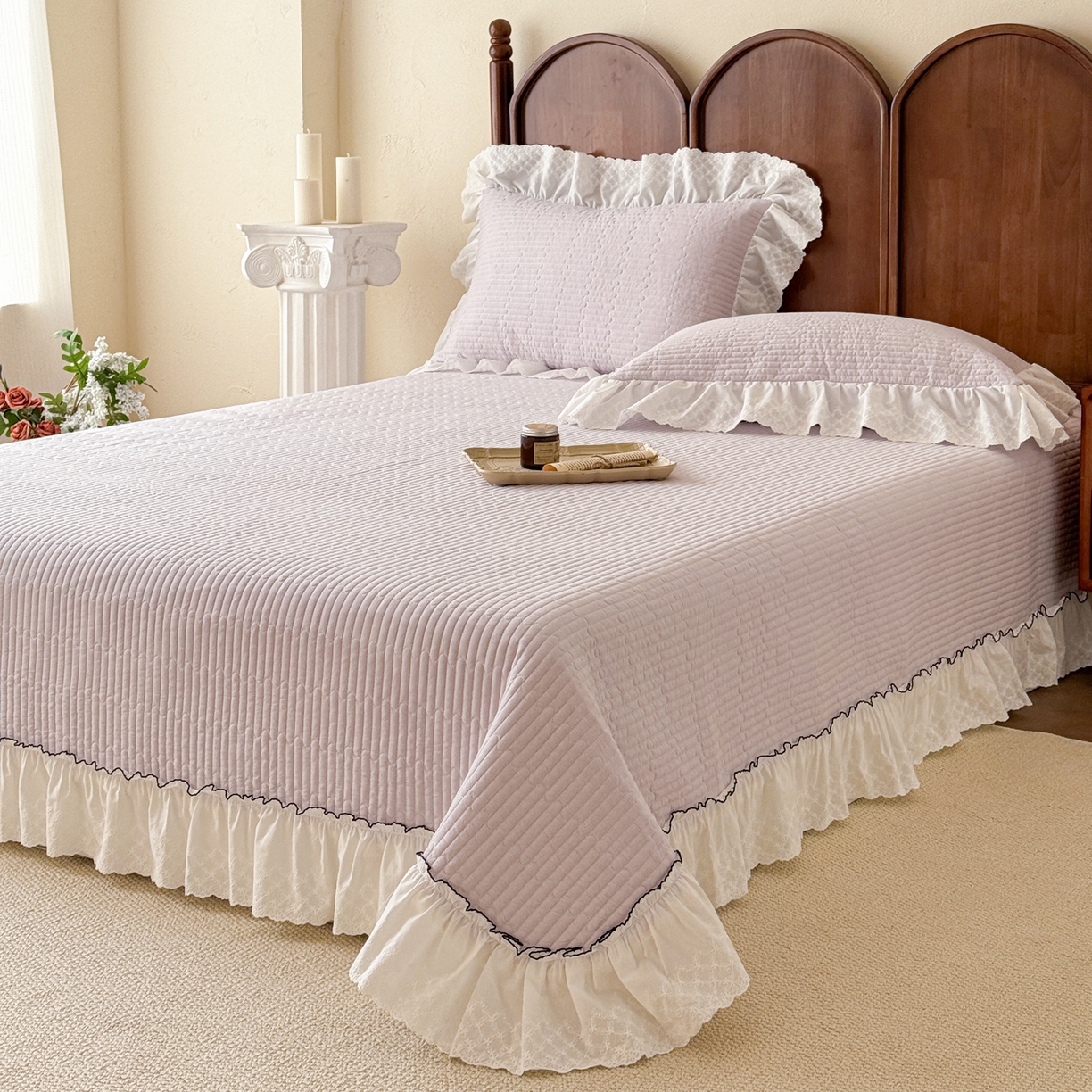 91家纺网 家纺一手货源 找家纺 沐辰 2026新款A类色织水洗棉花边款床盖 小泡芙-紫