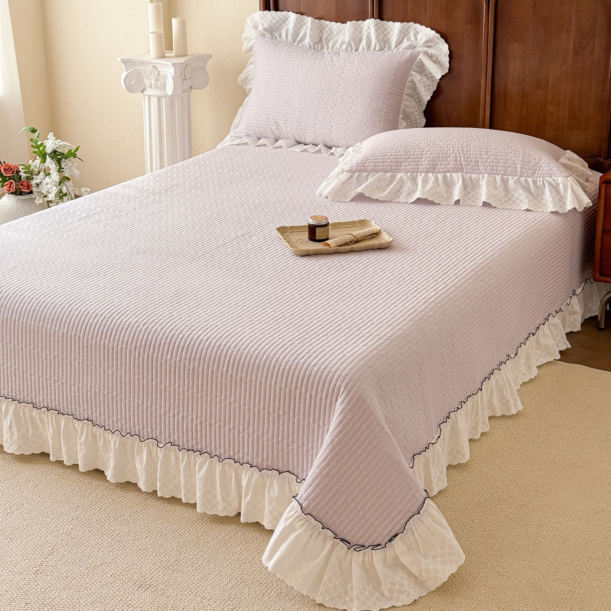 91家纺网 家纺一手货源 找家纺 沐辰 2026新款A类色织水洗棉花边款床盖 小泡芙-紫