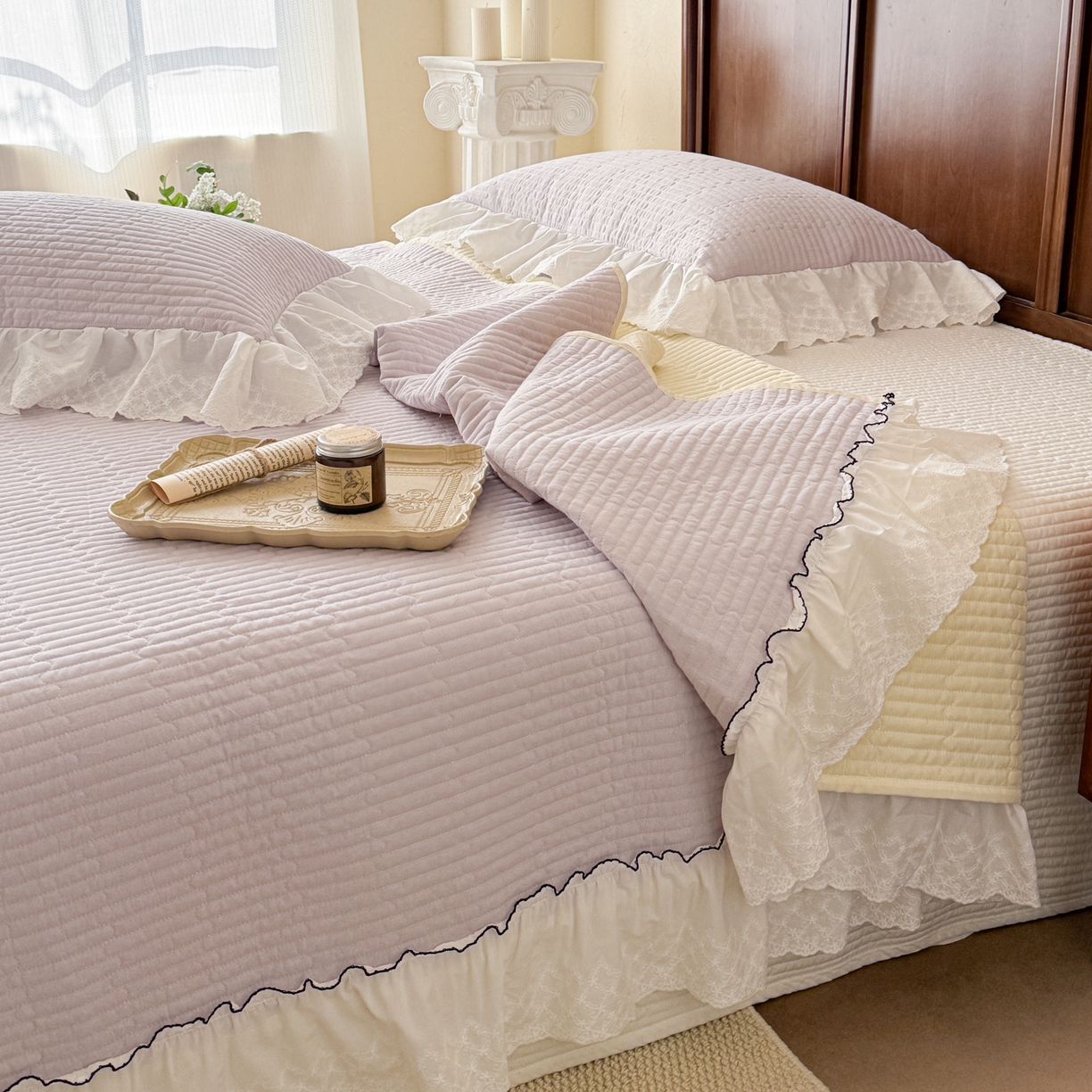 91家纺网 家纺一手货源 找家纺 沐辰 2026新款A类色织水洗棉花边款床盖 小泡芙-紫