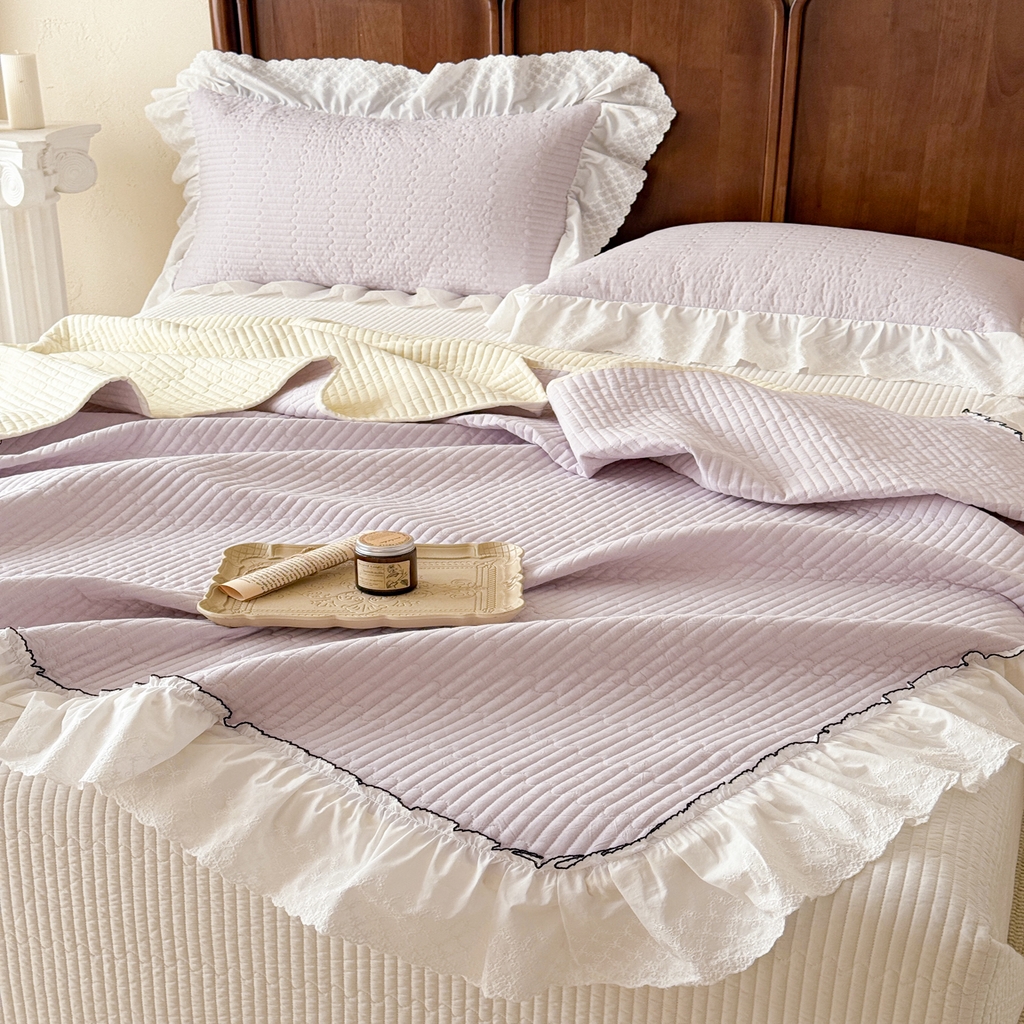 91家纺网 家纺一手货源 找家纺 沐辰 2026新款A类色织水洗棉花边款床盖 小泡芙-紫
