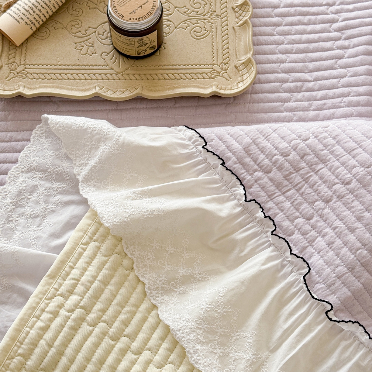 91家纺网 家纺一手货源 找家纺 沐辰 2026新款A类色织水洗棉花边款床盖 小泡芙-紫