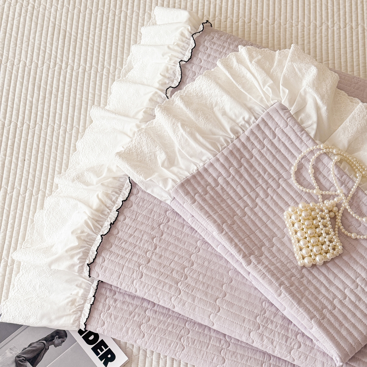 91家纺网 家纺一手货源 找家纺 沐辰 2026新款A类色织水洗棉花边款床盖 小泡芙-紫