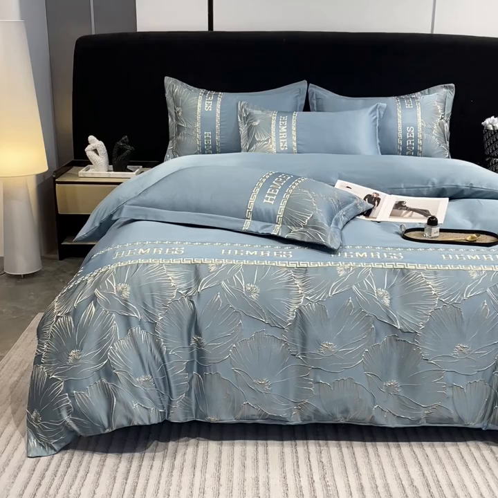 91家纺网 家纺一手货源 找家纺 子曰 2026新款浮雕水洗真丝四件套 花语-蓝