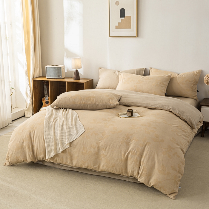 91家纺网 家纺一手货源 找家纺 恋人优选 2026新款樱花叶全棉纯棉提花四件套 樱花叶-卡其