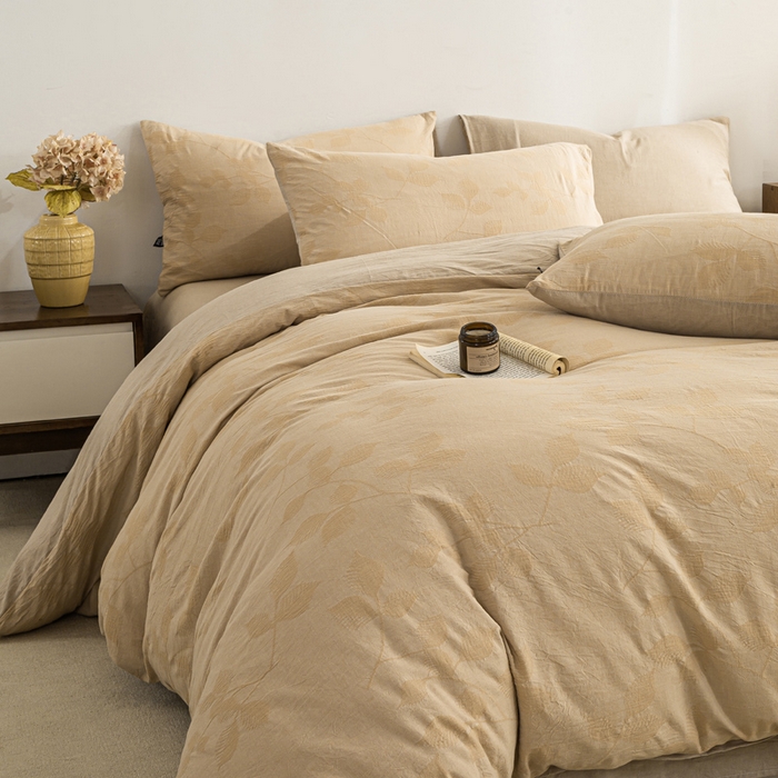 91家纺网 家纺一手货源 找家纺 恋人优选 2026新款樱花叶全棉纯棉提花四件套 樱花叶-卡其