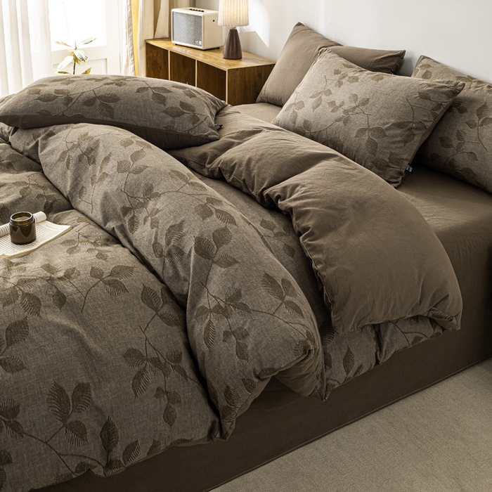 91家纺网 家纺一手货源 找家纺 恋人优选 2026新款樱花叶全棉纯棉提花四件套 樱花叶-咖