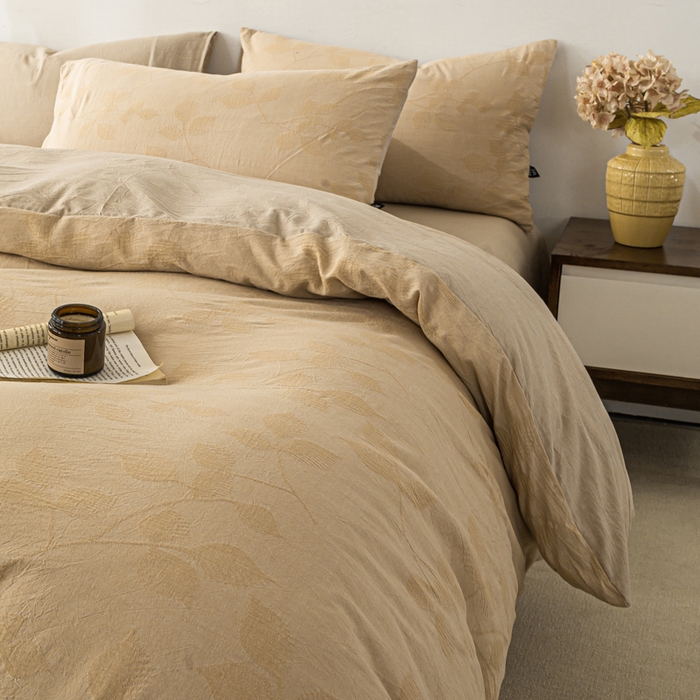 91家纺网 家纺一手货源 找家纺 恋人优选 2026新款樱花叶全棉纯棉提花四件套 樱花叶-卡其