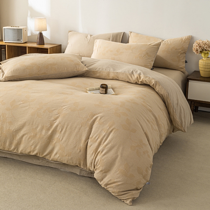 91家纺网 家纺一手货源 找家纺 恋人优选 2026新款樱花叶全棉纯棉提花四件套 樱花叶-卡其