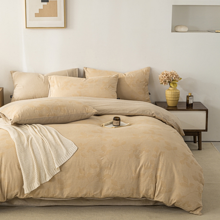 91家纺网 家纺一手货源 找家纺 恋人优选 2026新款樱花叶全棉纯棉提花四件套 樱花叶-卡其