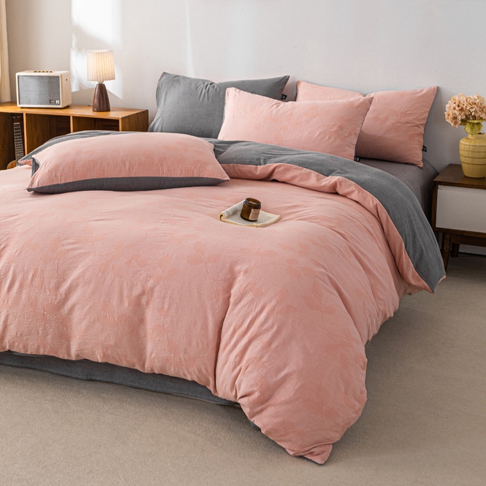 91家纺网 家纺一手货源 找家纺 恋人优选 2026新款樱花叶全棉纯棉提花四件套 樱花叶-粉