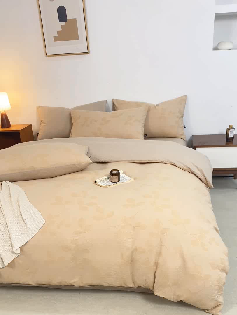 91家纺网 家纺一手货源 找家纺 恋人优选 2026新款樱花叶全棉纯棉提花四件套 樱花叶-卡其