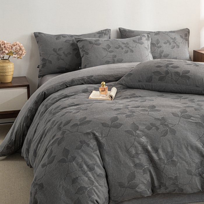 91家纺网 家纺一手货源 找家纺 恋人优选 2026新款樱花叶全棉纯棉提花四件套 樱花叶-灰