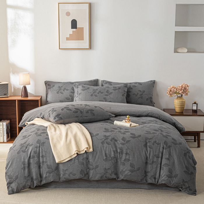 91家纺网 家纺一手货源 找家纺 恋人优选 2026新款樱花叶全棉纯棉提花四件套 樱花叶-灰