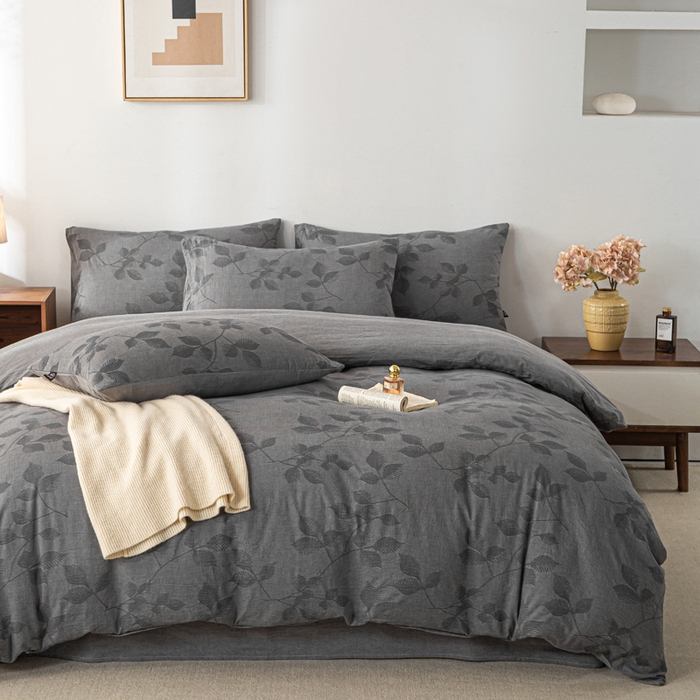 91家纺网 家纺一手货源 找家纺 恋人优选 2026新款樱花叶全棉纯棉提花四件套 樱花叶-灰