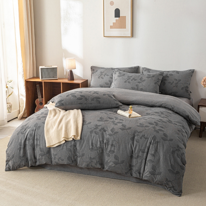 91家纺网 家纺一手货源 找家纺 恋人优选 2026新款樱花叶全棉纯棉提花四件套 樱花叶-灰