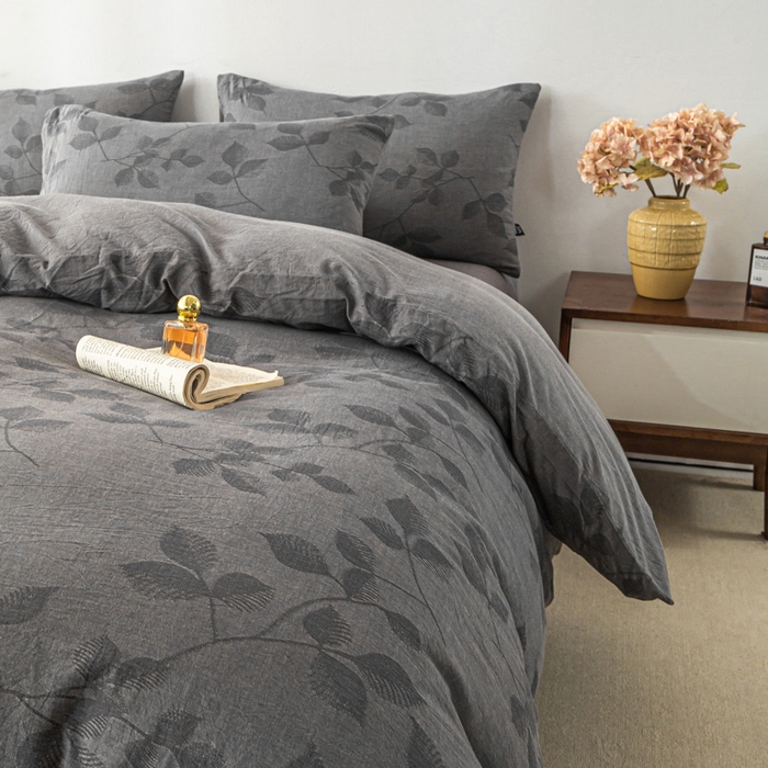 91家纺网 家纺一手货源 找家纺 恋人优选 2026新款樱花叶全棉纯棉提花四件套 樱花叶-灰