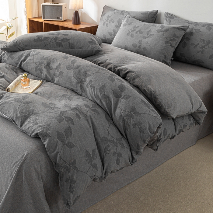 91家纺网 家纺一手货源 找家纺 恋人优选 2026新款樱花叶全棉纯棉提花四件套 樱花叶-灰