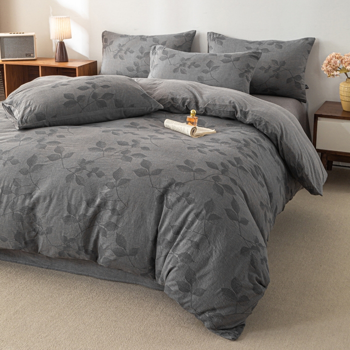 91家纺网 家纺一手货源 找家纺 恋人优选 2026新款樱花叶全棉纯棉提花四件套 樱花叶-灰