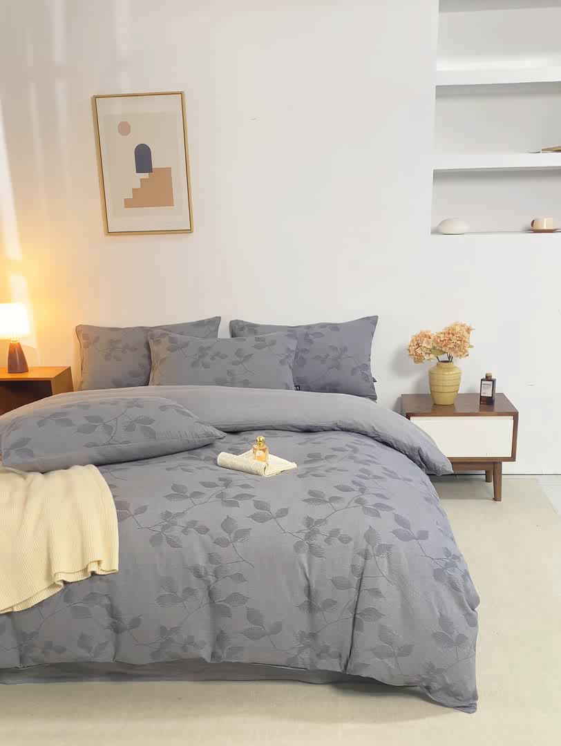 91家纺网 家纺一手货源 找家纺 恋人优选 2026新款樱花叶全棉纯棉提花四件套 樱花叶-灰