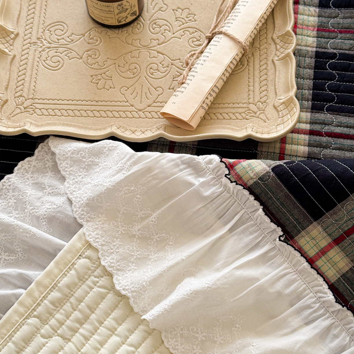 91家纺网 家纺一手货源 找家纺 沐辰 2026新款A类色织水洗棉花边款床盖 英伦格韵