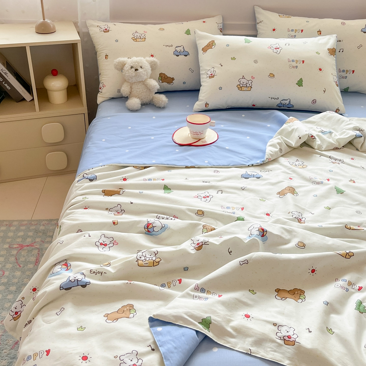 91家纺网 家纺一手货源 找家纺 博雅 2026春夏新款卡通全棉夏被夏凉被空调被四件套 快乐汪星人