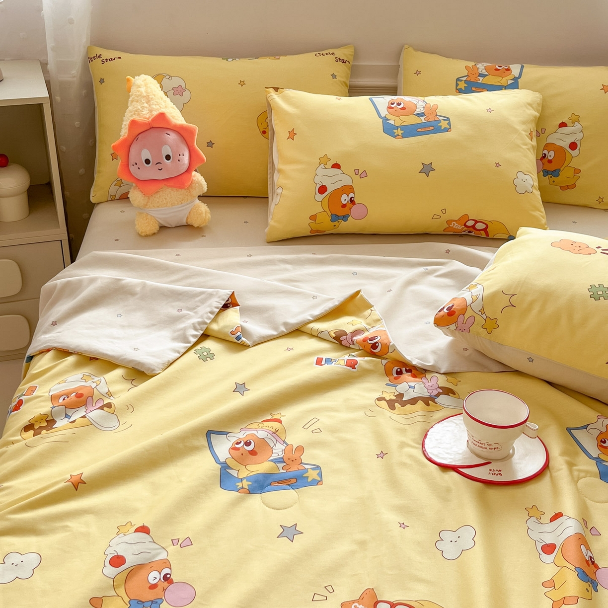 91家纺网 家纺一手货源 找家纺 博雅 2026春夏新款卡通全棉夏被夏凉被空调被四件套 可爱星星人