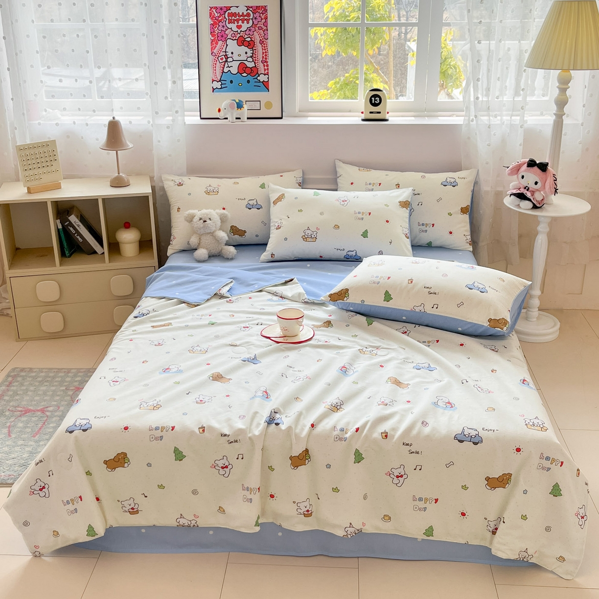 91家纺网 家纺一手货源 找家纺 博雅 2026春夏新款卡通全棉夏被夏凉被空调被四件套 快乐汪星人