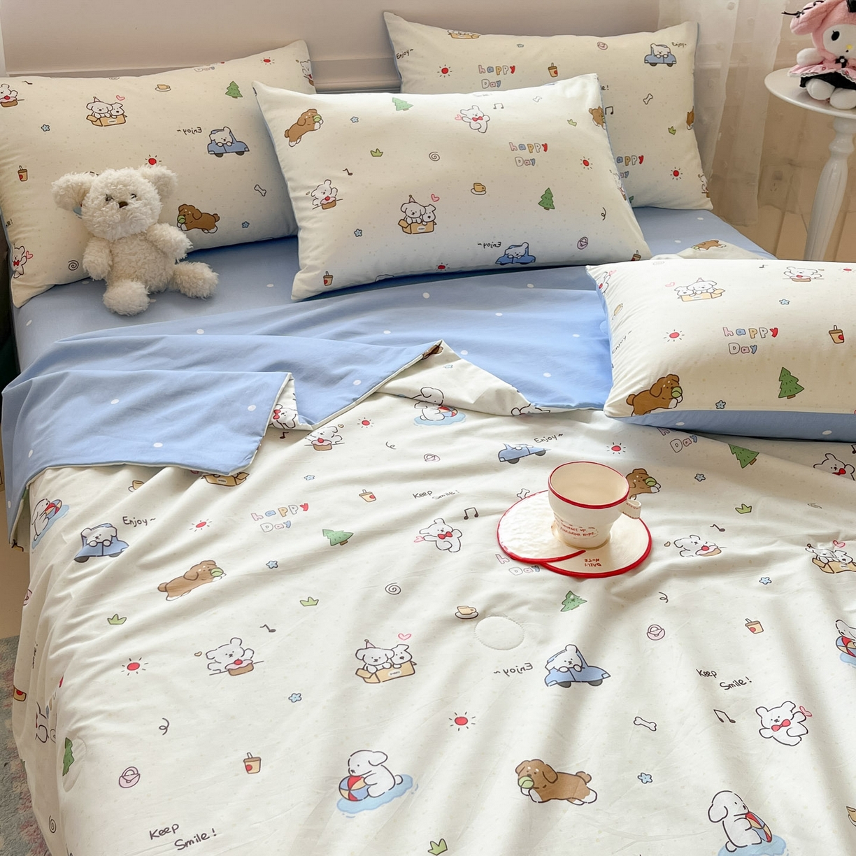 91家纺网 家纺一手货源 找家纺 博雅 2026春夏新款卡通全棉夏被夏凉被空调被四件套 快乐汪星人