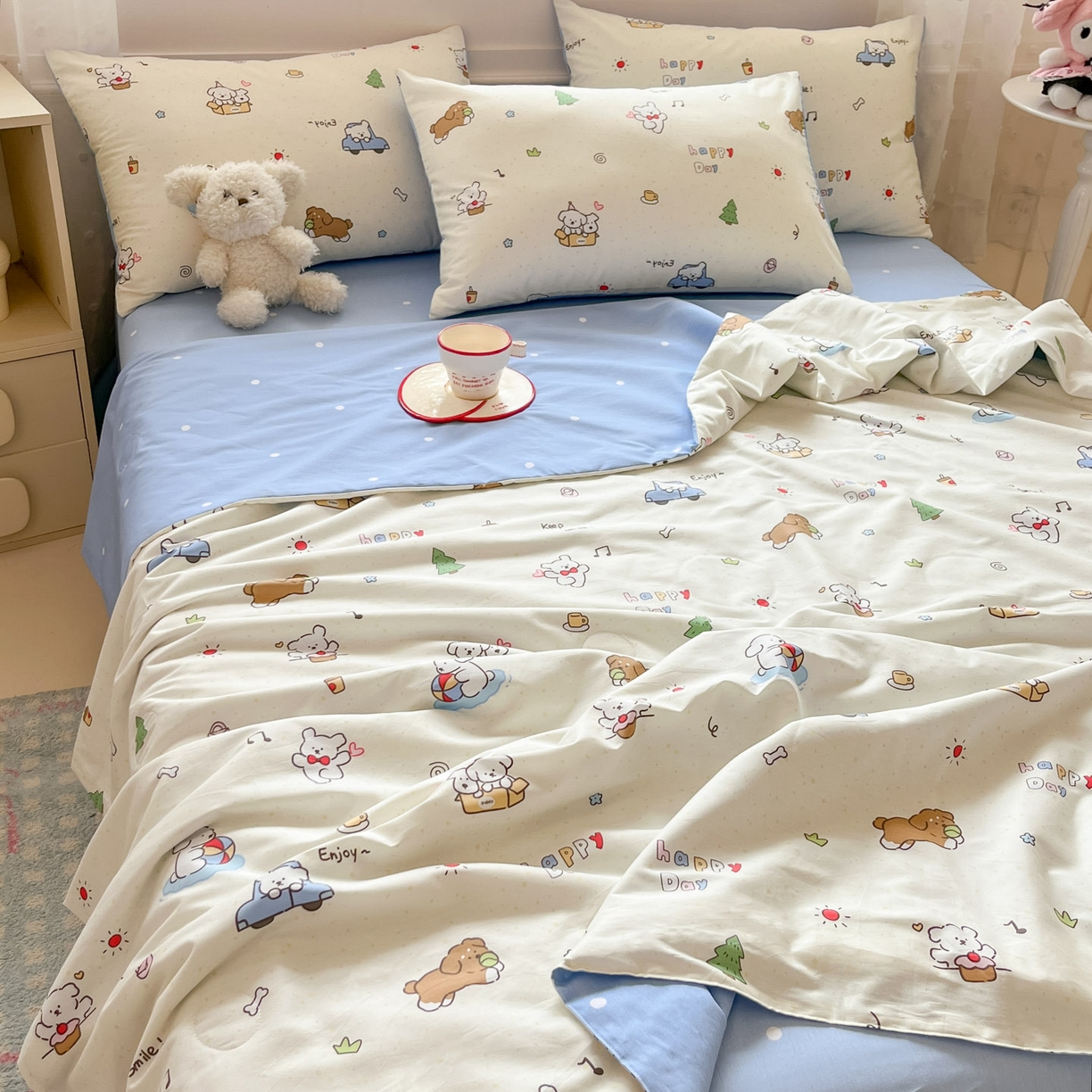 91家纺网 家纺一手货源 找家纺 博雅 2026春夏新款卡通全棉夏被夏凉被空调被四件套 快乐汪星人