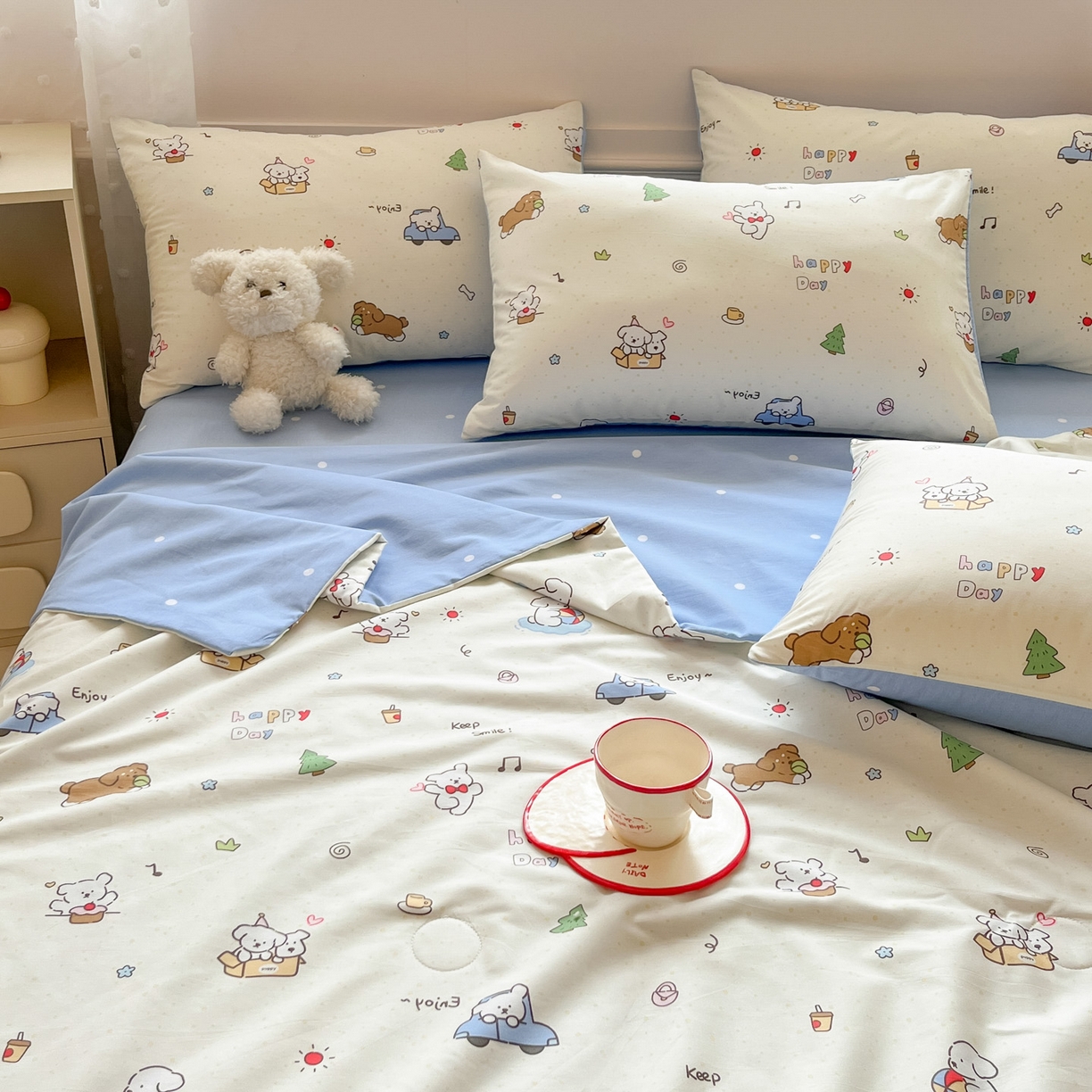 91家纺网 家纺一手货源 找家纺 博雅 2026春夏新款卡通全棉夏被夏凉被空调被四件套 快乐汪星人