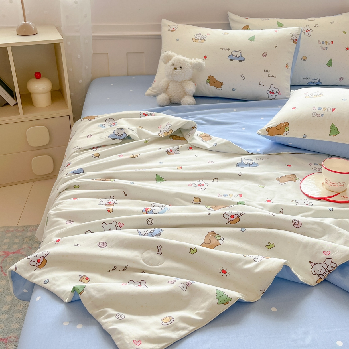 91家纺网 家纺一手货源 找家纺 博雅 2026春夏新款卡通全棉夏被夏凉被空调被四件套 快乐汪星人